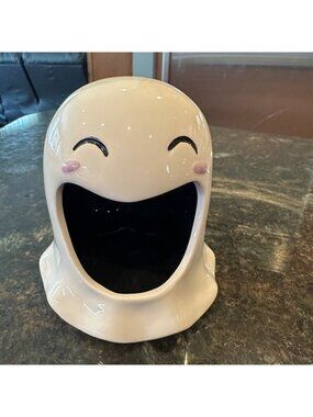 Halloween Ghost Smiling Candy Dish Holder 5 inch Ceramic White Unique Eclectic